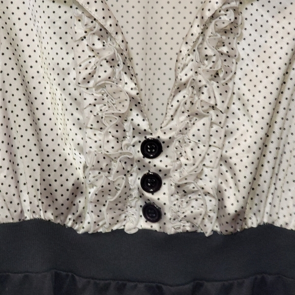BEBOP dress black white polkadot satin top black buttons ruffles 60's happy days - Picture 5 of 6